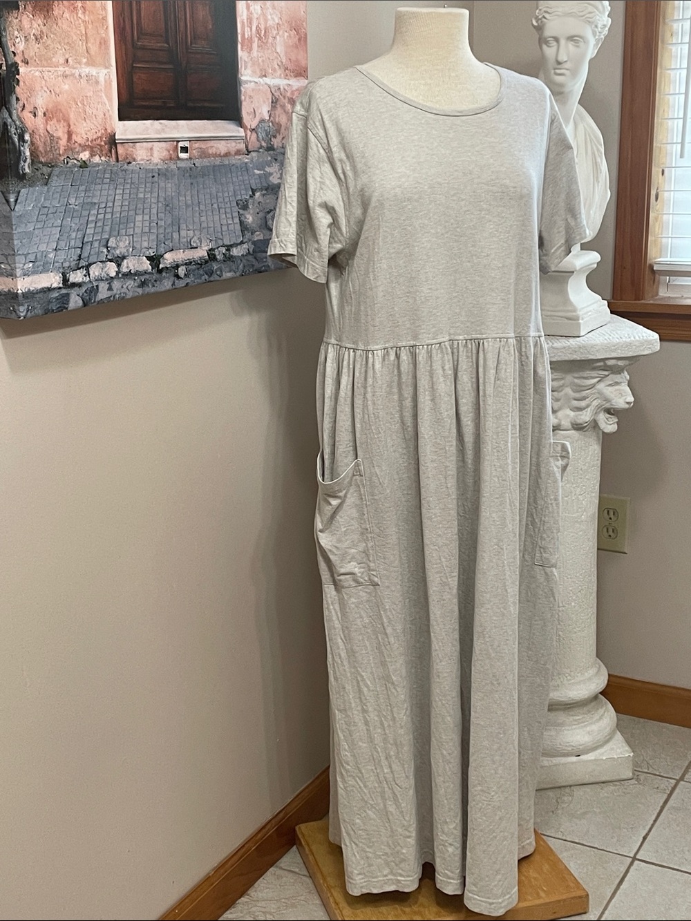 Eddie Bauer 100% Cotton Maxi Dress Comfortable M Taupe Fits Like L Front Pocket